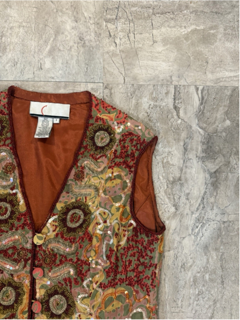 VTG 100% Silk Fully Beaded And Sequined Orange And Red Vest Costume Sz 8